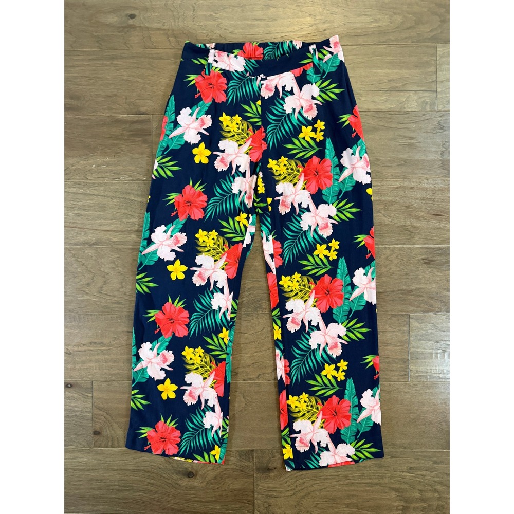 Soft Surroundings Tropical Floral Wide Leg Pants Navy Blue Red PS Petite Small